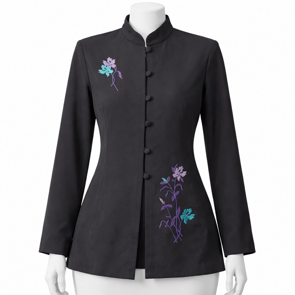DSMB‎ Black Mandarin Collar Jacket Floral Embroidered Vintage Asian Inspired 10